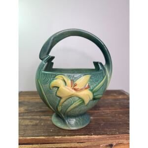 Roseville Green Zephyr Lily Handled Basket 393-7” Art Pottery 7.75x6.5 MH